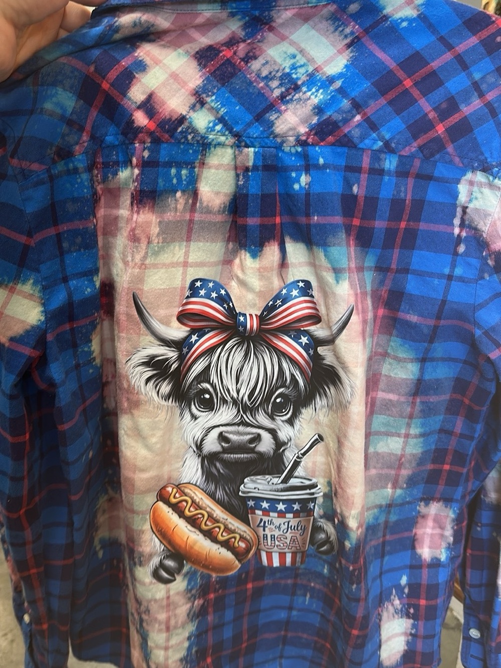 Patriotic Cow Custom Graphic Plaid Button-Up - Blue & Red